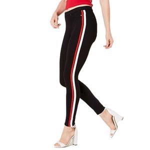 HUE Womens M Racer Stripe Original Denim Leggings Black Red Stretch Jeggings